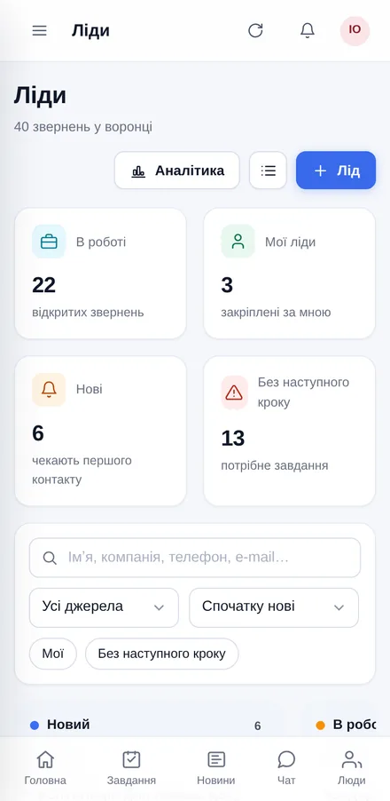 Канбан лідів на екрані смартфона
